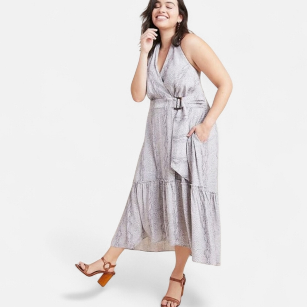 By Anthropologie + Marfa Gray Snake Print V Neck Belted Faux Wrap Midi Dress 16W